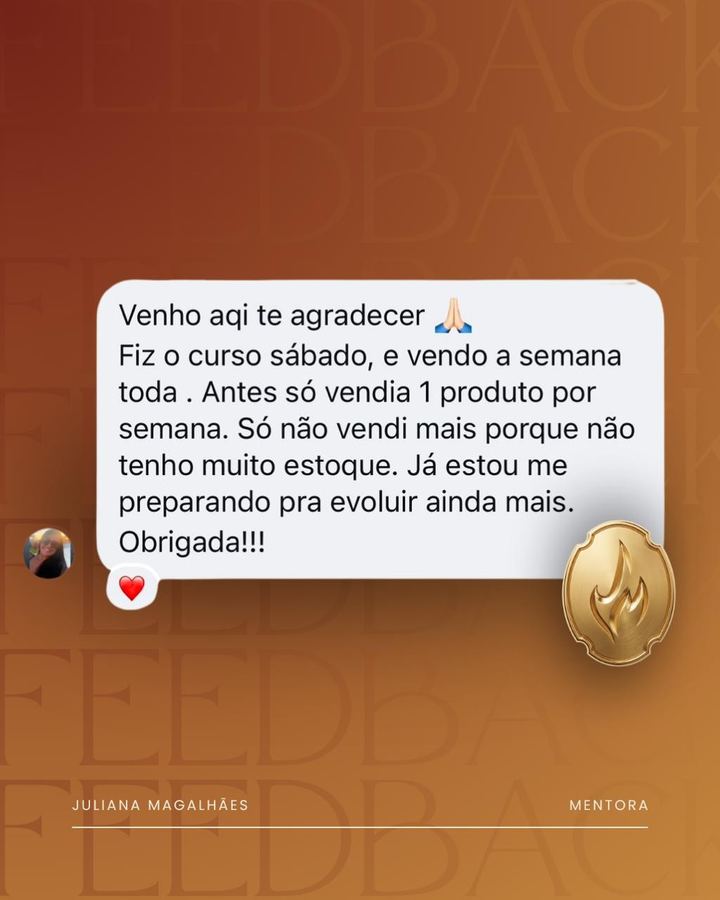 Feedback de aluna sobre vendas na semana toda após o workshop